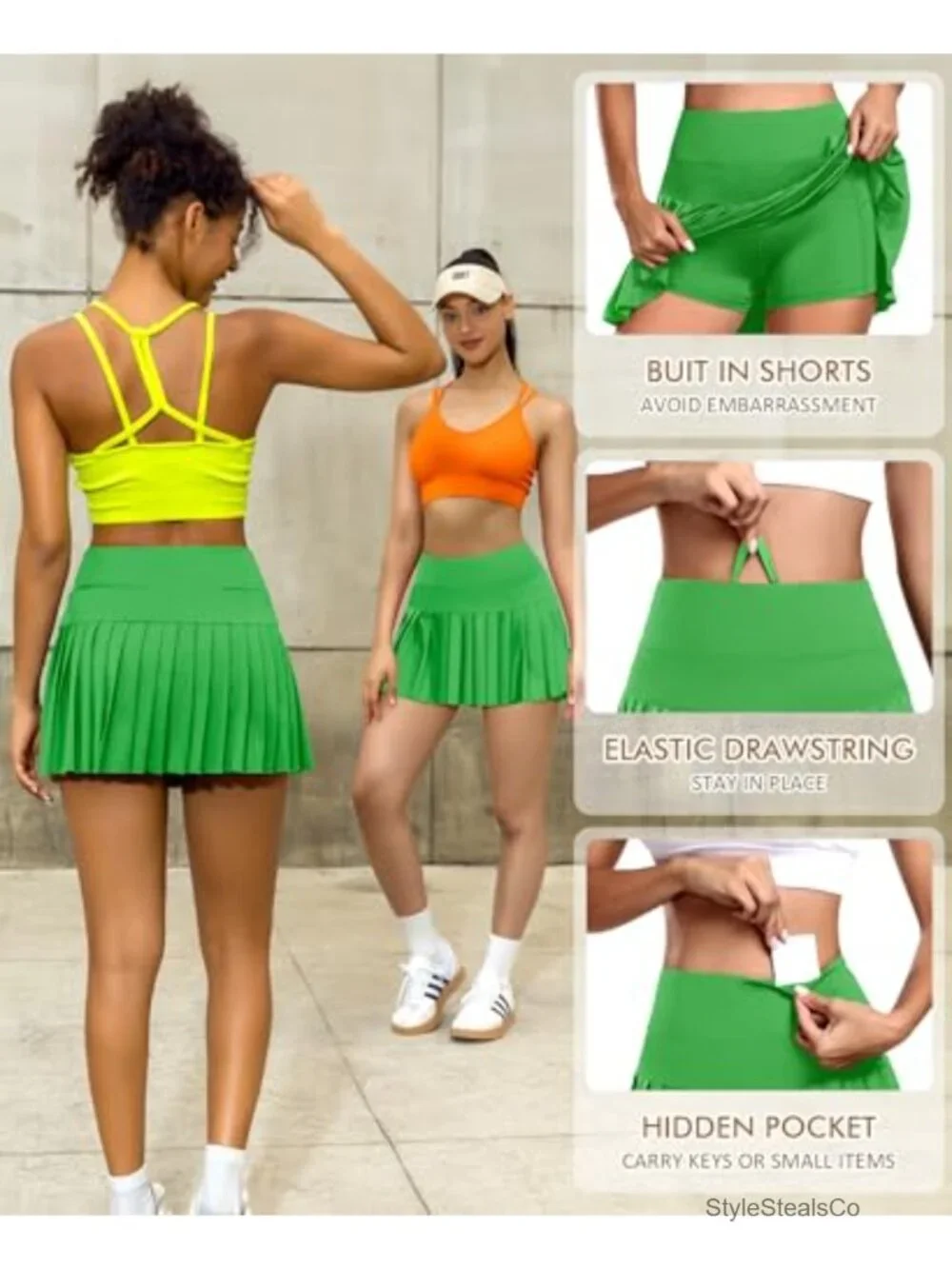 Pleated Tennis Skort with Built-in Shorts & Pockets High Waist Athletic